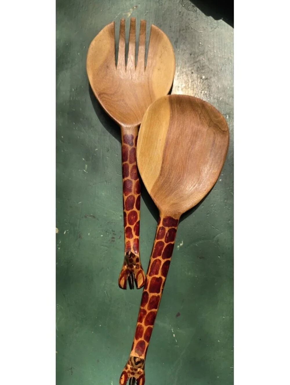 Hand Carved Wood Giraffe Salad Spoon & Fork Utensil Set